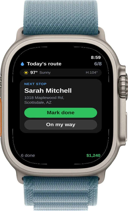 AquaRoute Apple Watch app showing today's route